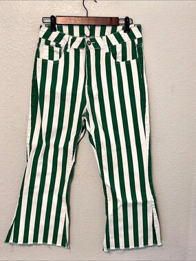 Jeans Green & White Striped Flare Waist 10